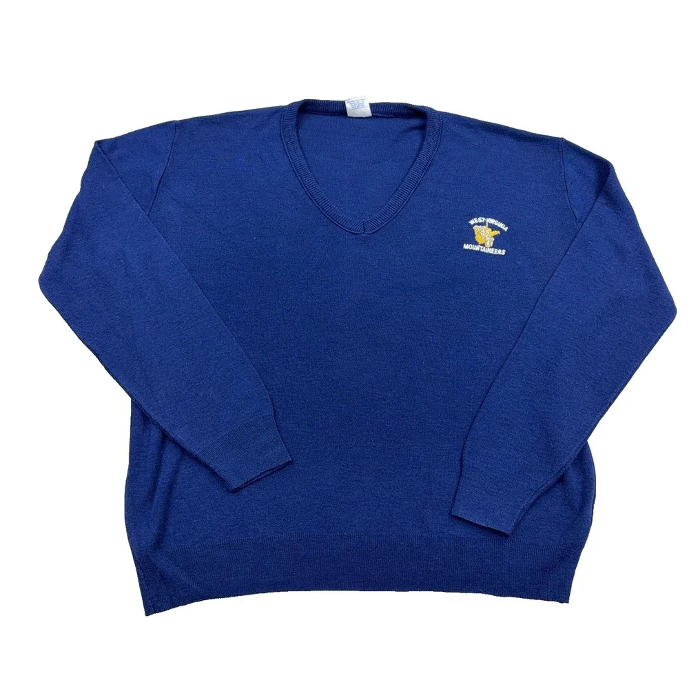 Vintage West Virginia Mountaineers Sweater Men Large Blue V Neck 90s Made In USA